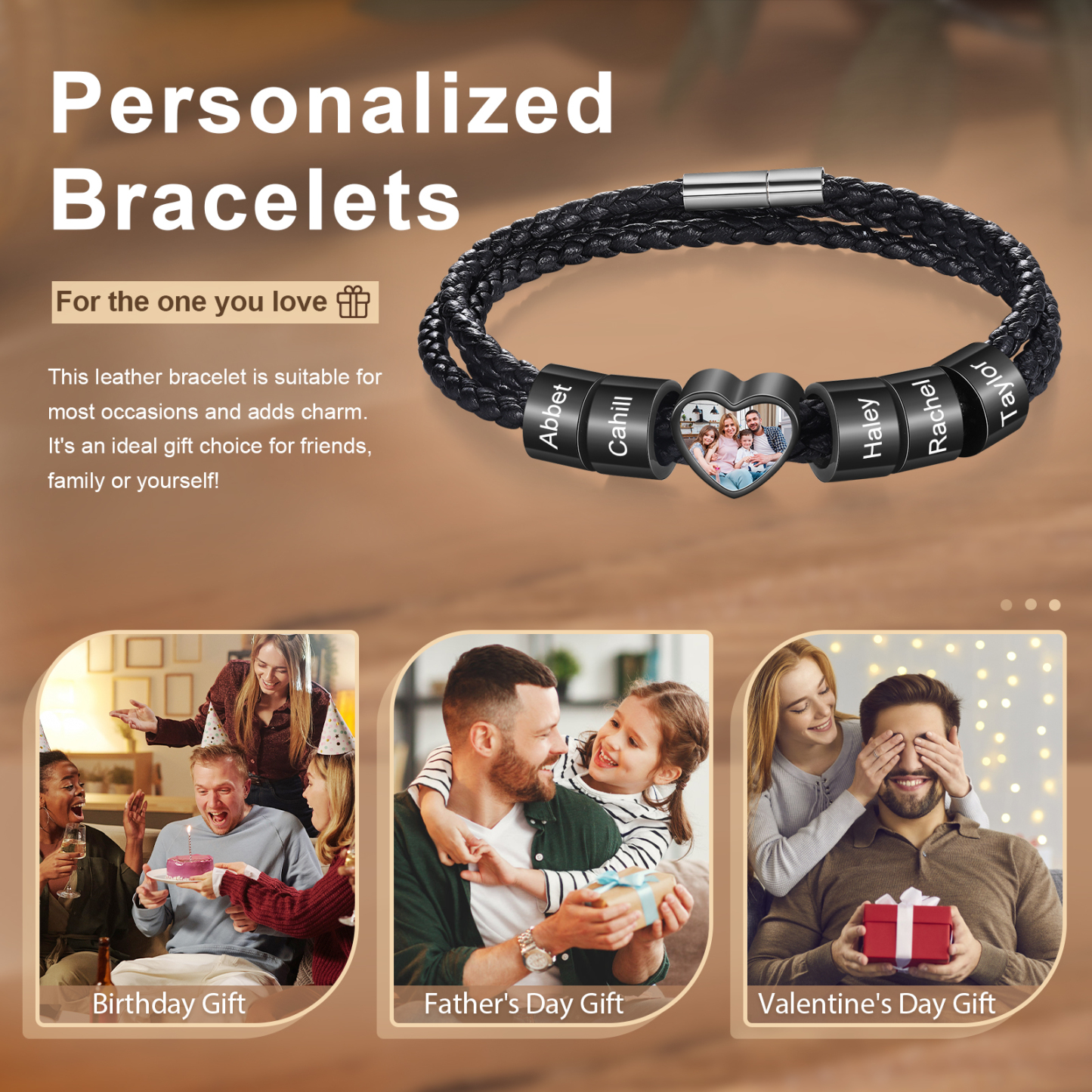 Personalised Leather Bracelet with Custom 5 Names and 1 Photo Men's Bracelet for Him | Jessmade