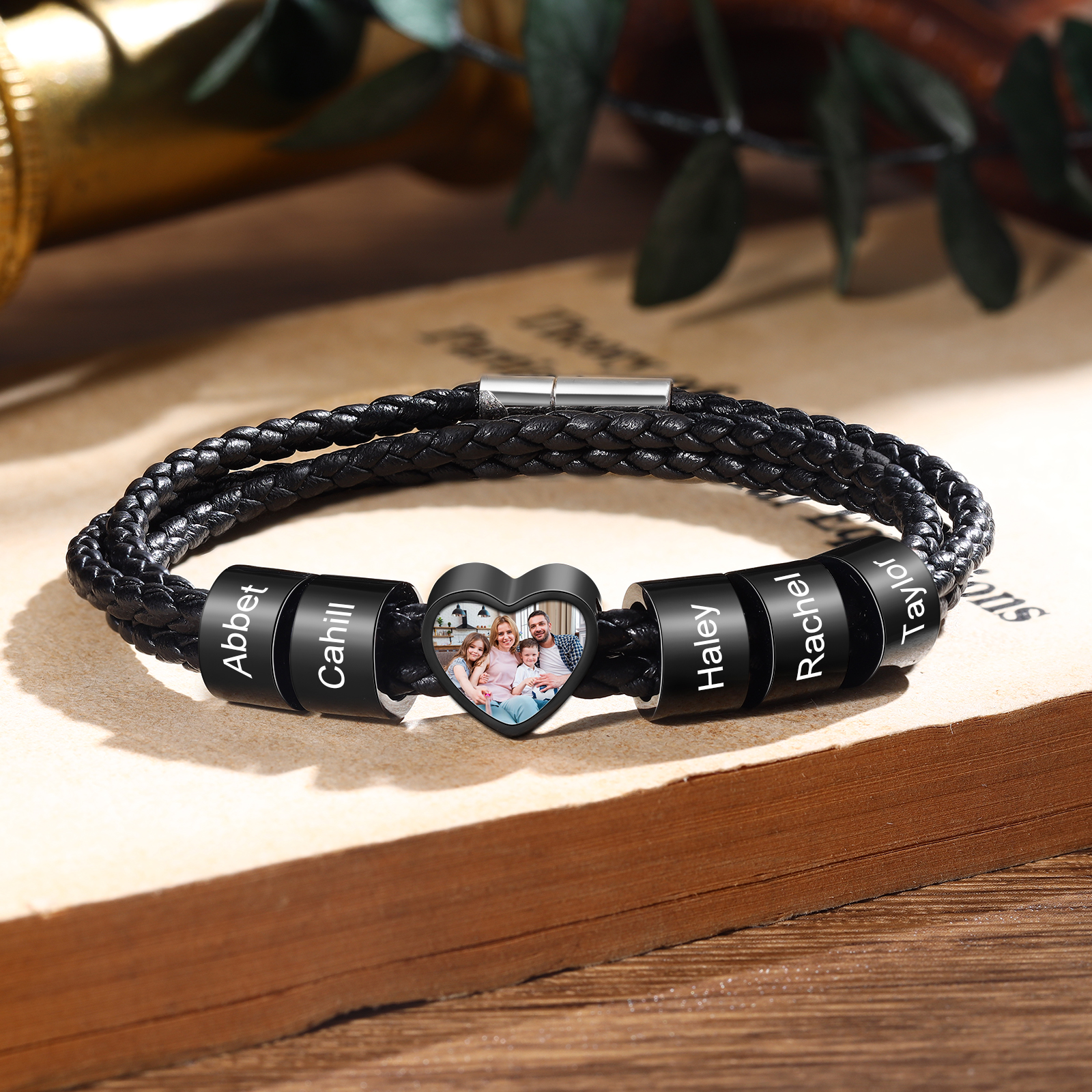 Personalised Leather Bracelet with Custom 5 Names and 1 Photo Men's Bracelet for Him | Jessmade