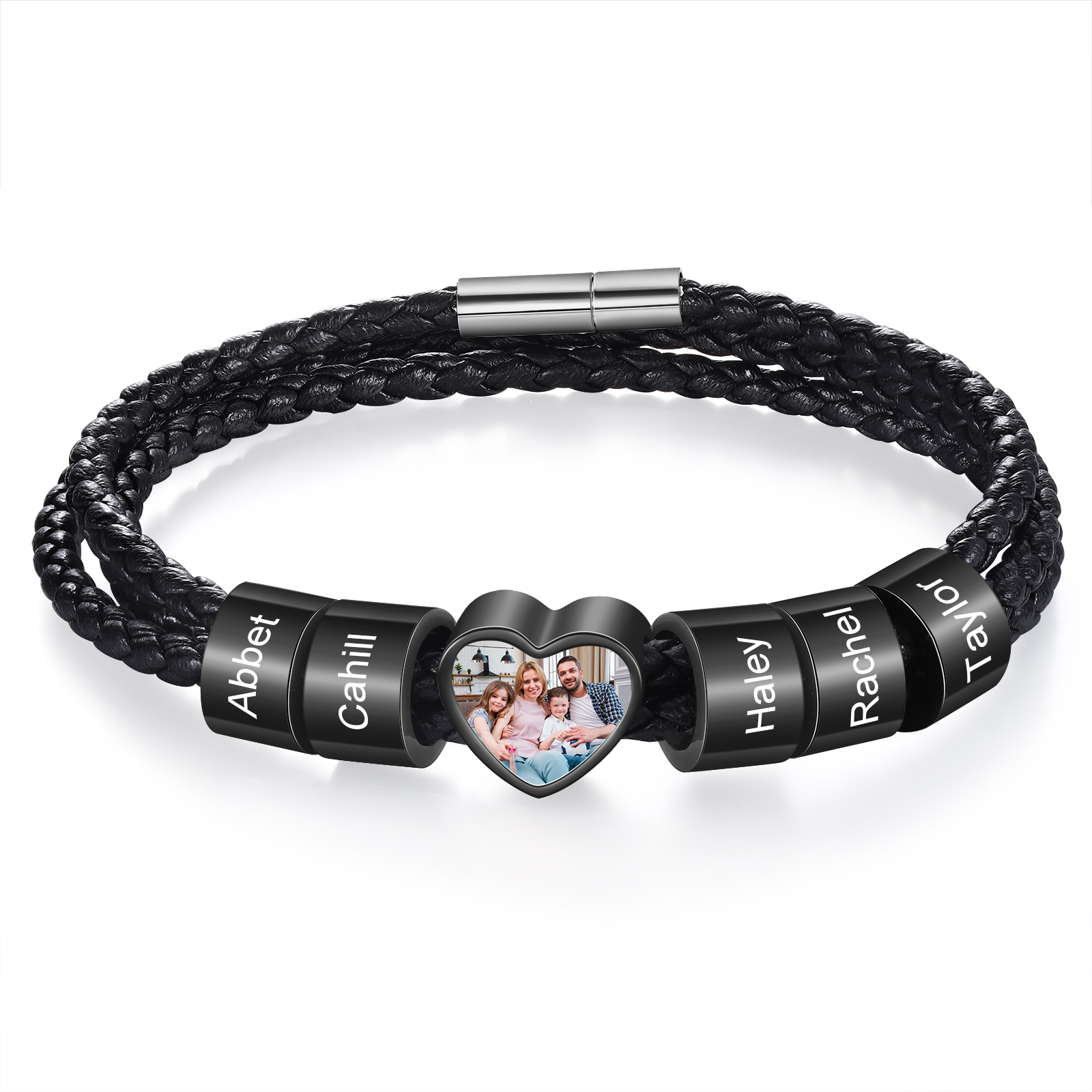 Personalised Leather Bracelet with Custom 5 Names and 1 Photo Men's Bracelet for Him | Jessmade