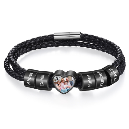 Personalised Leather Bracelet with Custom 5 Names and 1 Photo Men's Bracelet for Him | Jessmade