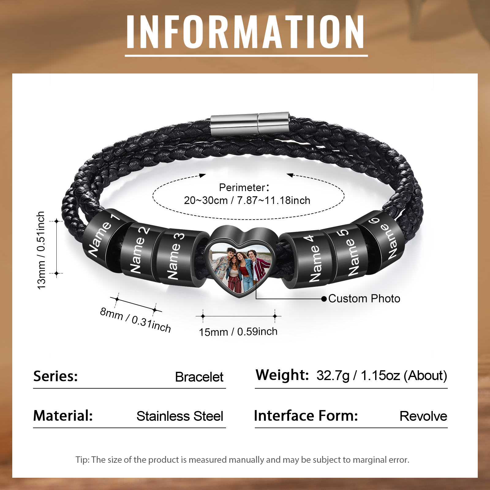 Personalised Leather Bracelet with Custom 6 Names and 1 Photo Men's Bracelet for Him | Jessmade