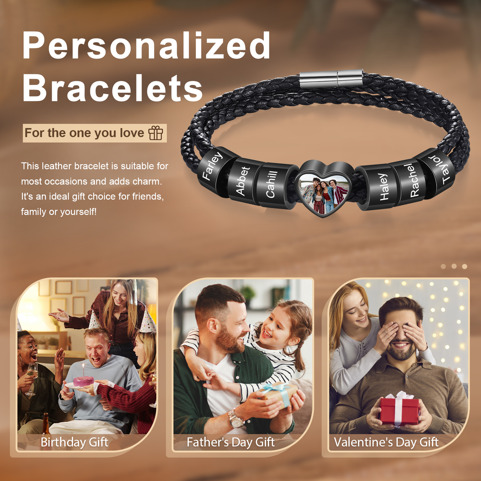 Personalised Leather Bracelet with Custom 6 Names and 1 Photo Men's Bracelet for Him | Jessmade