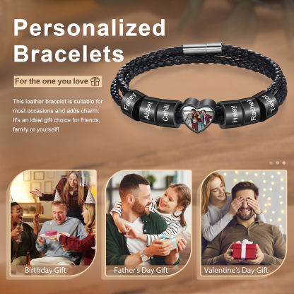 Personalised Leather Bracelet with Custom 6 Names and 1 Photo Men's Bracelet for Him | Jessmade