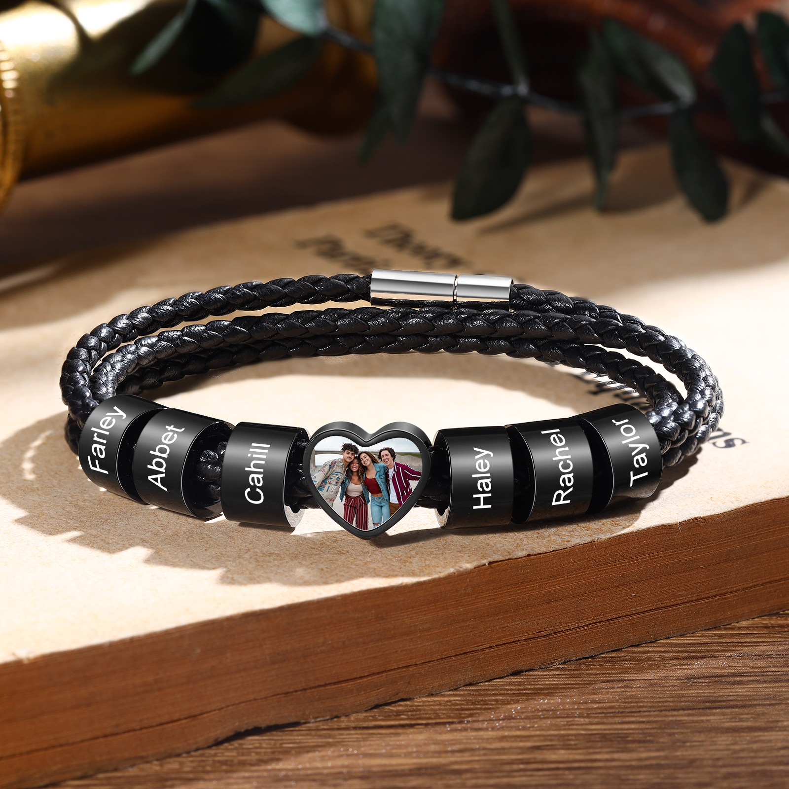 Personalised Leather Bracelet with Custom 6 Names and 1 Photo Men's Bracelet for Him | Jessmade