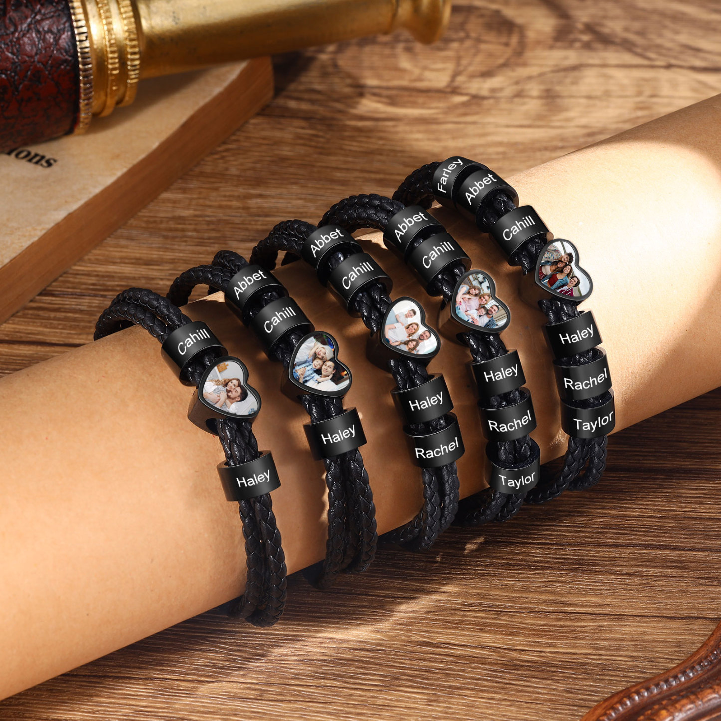 Personalised Leather Bracelet with Custom 6 Names and 1 Photo Men's Bracelet for Him | Jessmade