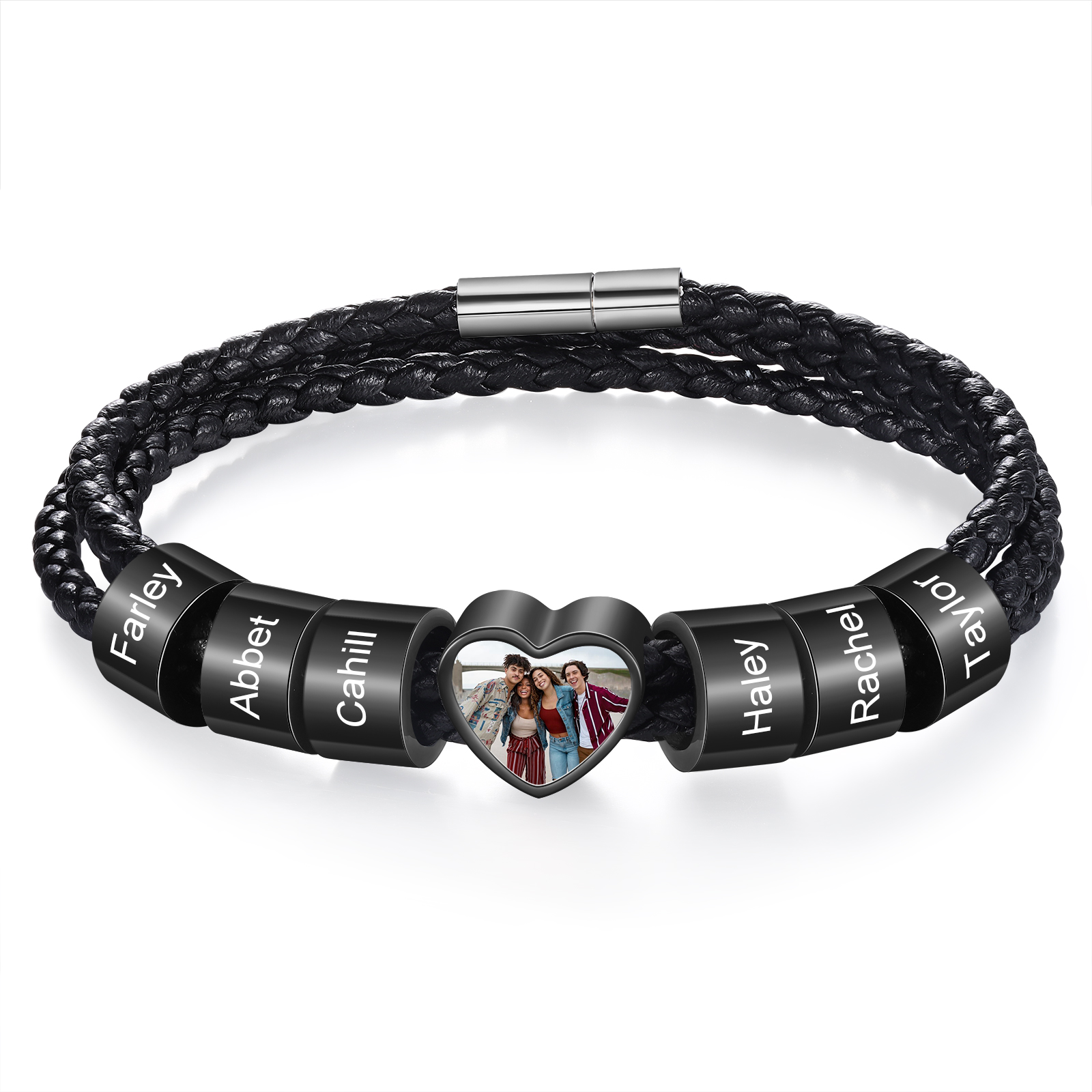 Personalised Leather Bracelet with Custom 6 Names and 1 Photo Men's Bracelet for Him | Jessmade