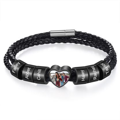 Personalised Leather Bracelet with Custom 6 Names and 1 Photo Men's Bracelet for Him | Jessmade