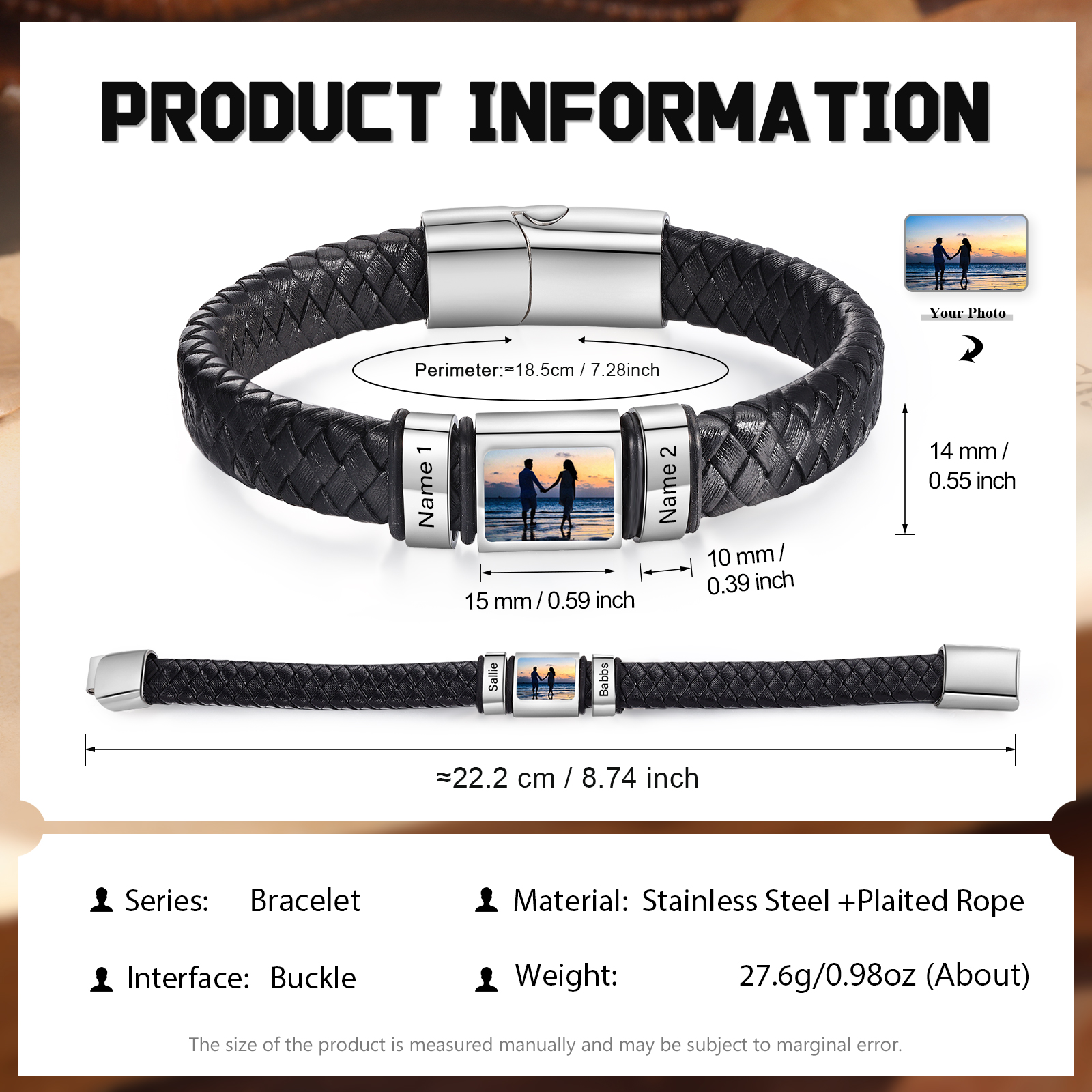 Personalised Bracelet with Custom 2 Names & Family Photo Christmas Gift for Him | Jessmade