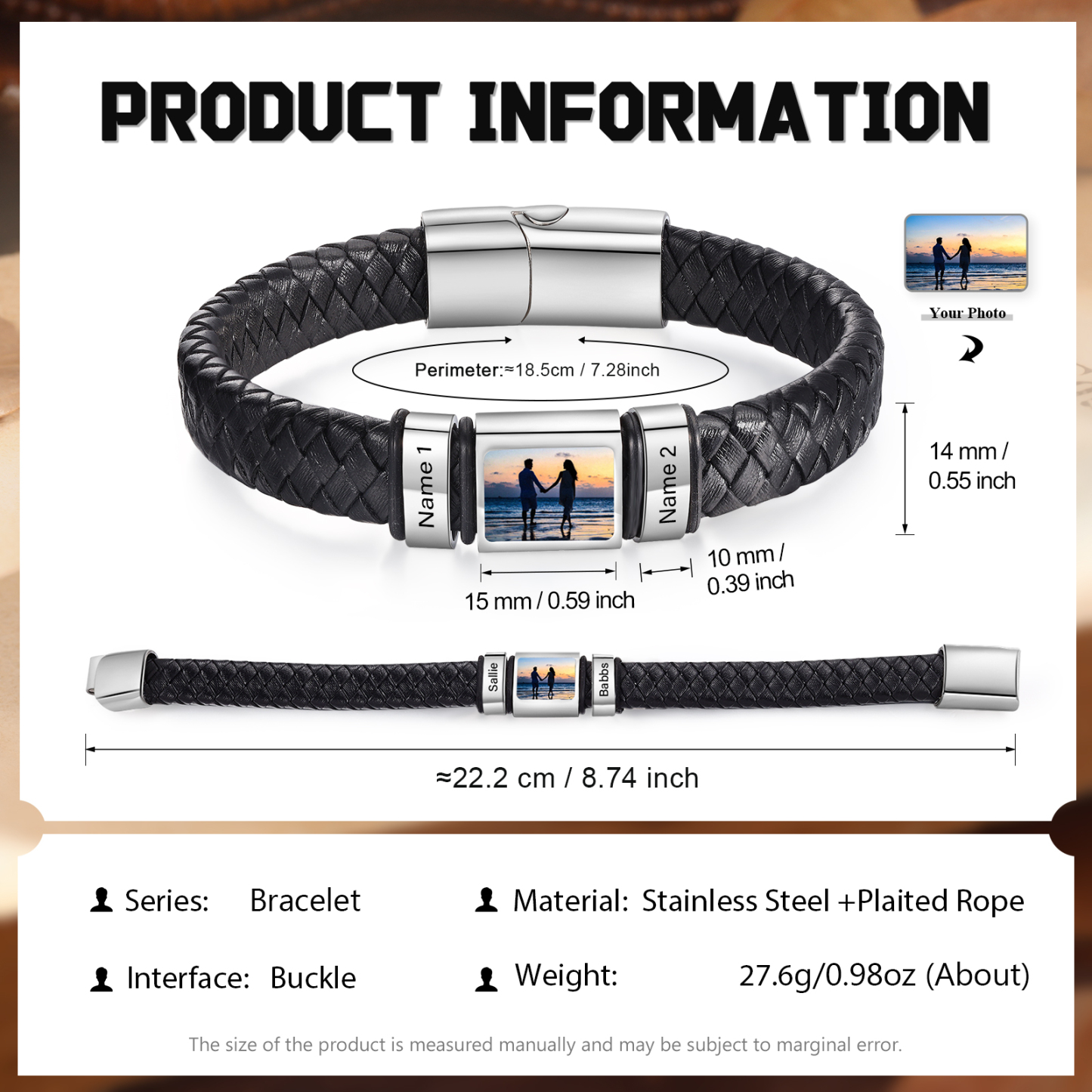 Personalised Bracelet with Custom 2 Names & Family Photo Christmas Gift for Him | Jessmade