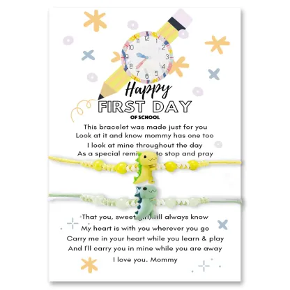 2 Pcs Dinosaur Bracelet Set Adjustable Bracelets with Gift Card First Day of School Mommy & Daughter Gifts