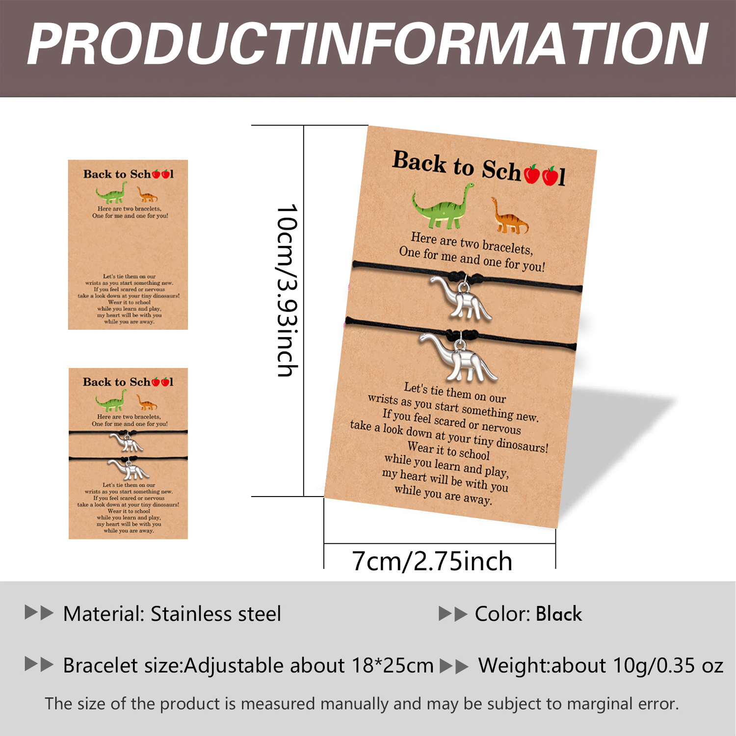 2Pcs Dinosaur Bracelets Stainless Steel Braided Bracelets Back To School Gift For Kids