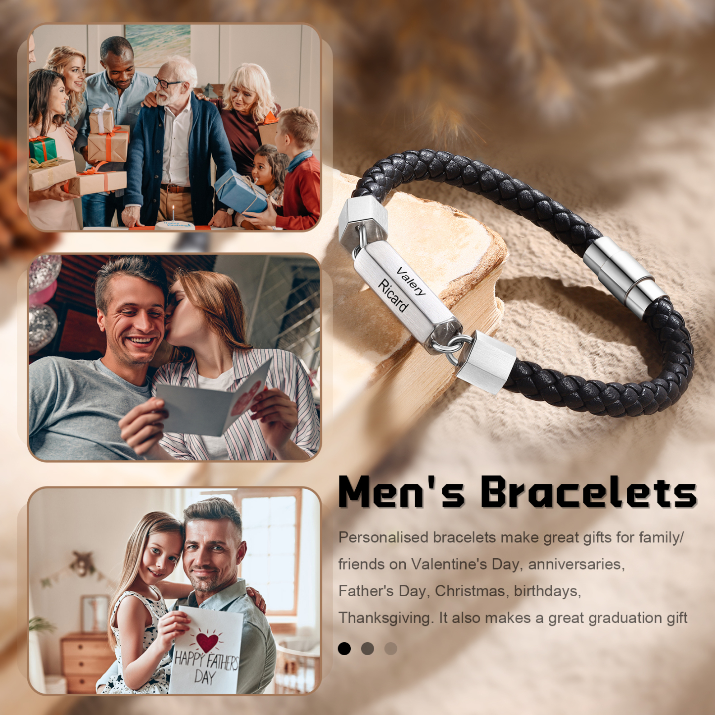 Personalized Men's Bracelet Custom 1-6 Names Leather 1-6-sided Bracelet for Him | Jessmade