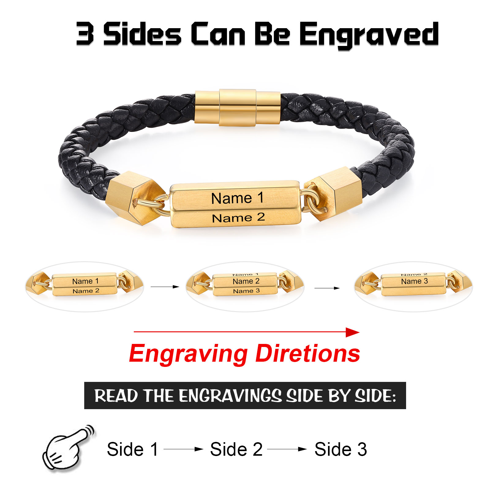 Personalized Men's Bracelet Custom 1-6 Names Leather 1-6-sided Bracelet for Him | Jessmade