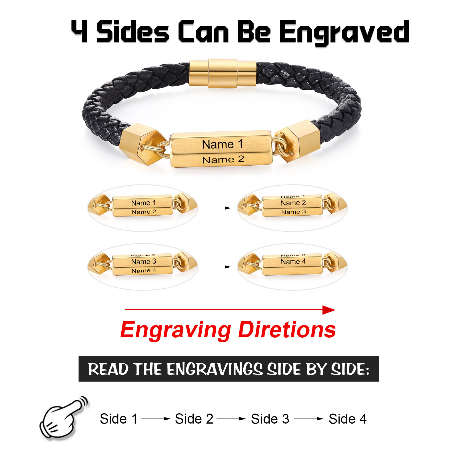 Personalized Men's Bracelet Custom 1-6 Names Leather 1-6-sided Bracelet for Him | Jessmade