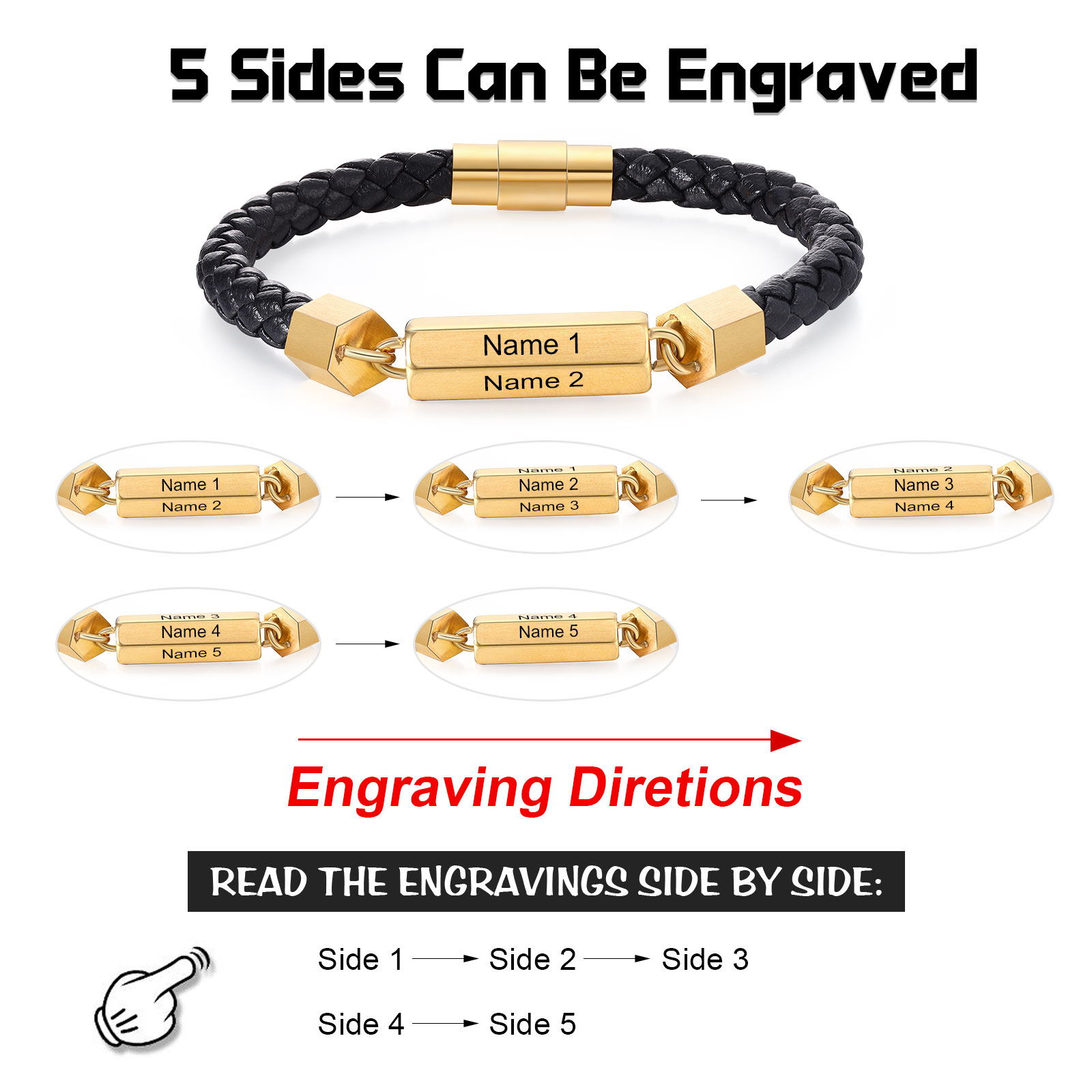 Personalized Men's Bracelet Custom 1-6 Names Leather 1-6-sided Bracelet for Him | Jessmade