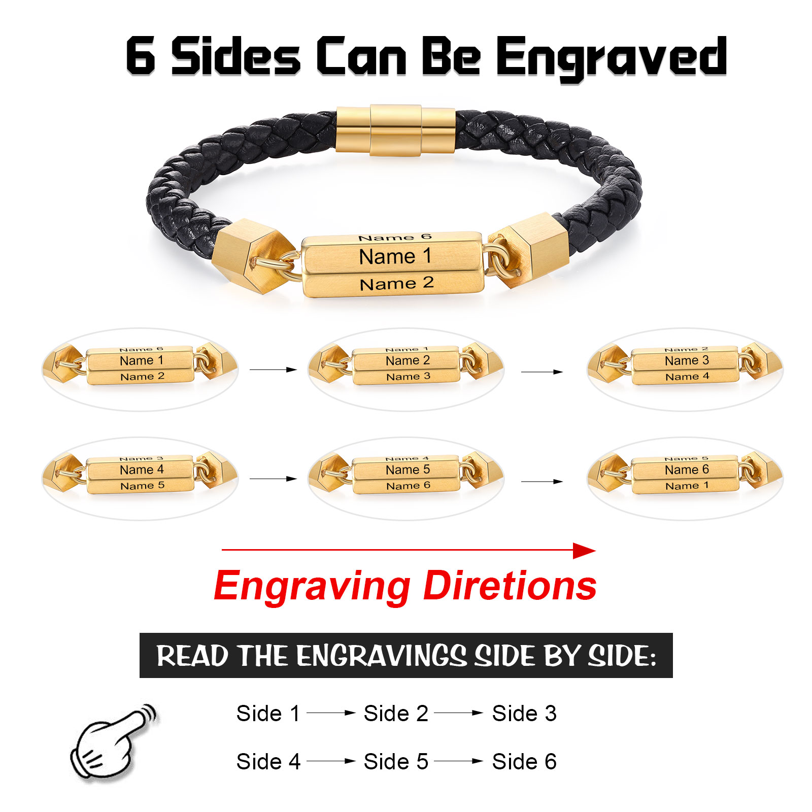 Personalized Men's Bracelet Custom 6 Names Leather 6-sided Bracelet for Him | Jessmade