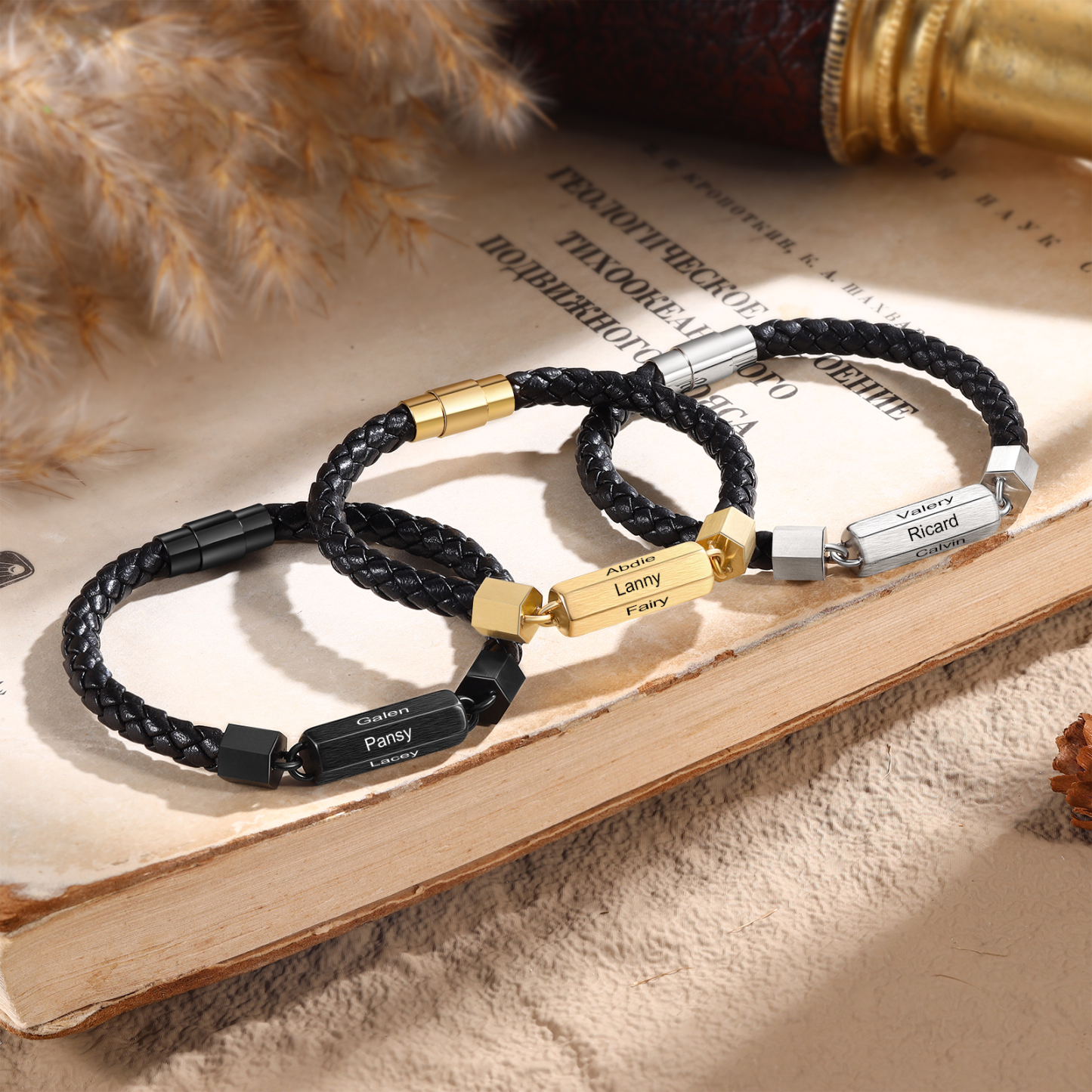 Personalized Men's Bracelet Custom 6 Names Leather 6-sided Bracelet for Him | Jessmade