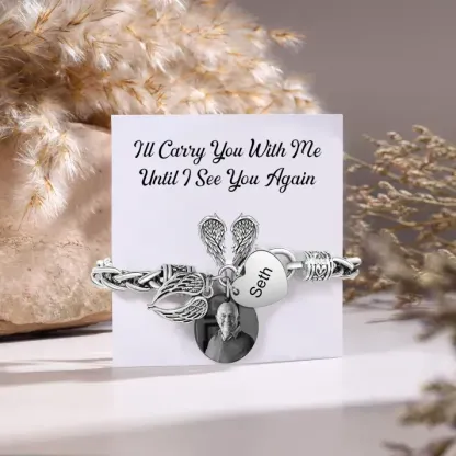 Personalized Memorial Bracelet Keychain Set Angel Wing Bracelet Custom Photo & Name Keyring Gifts for Family | Jessemade