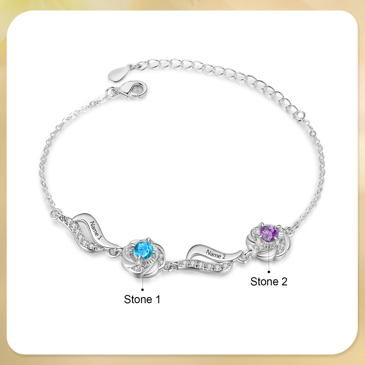 Personalised Birthstone Bracelet with Custom 2 Names & 2 Birthstones Christmas Gift for Her | Jessemade