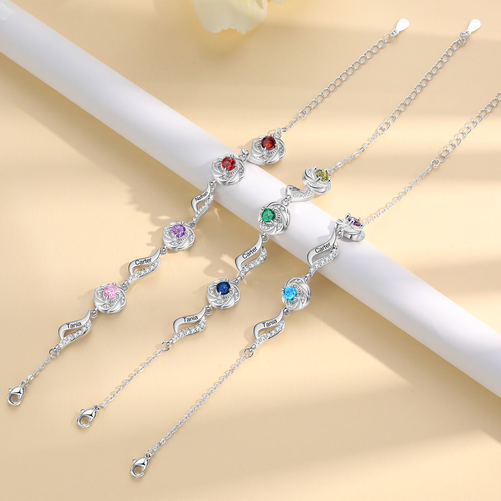 Personalised Birthstone Bracelet with Custom 3 Names & 3 Birthstones Christmas Gift for Her | Jessemade