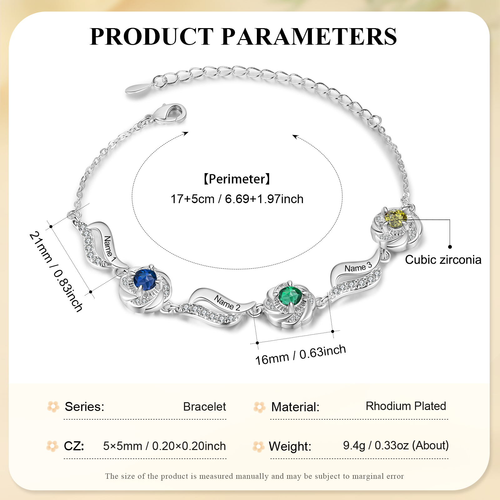 Personalised Birthstone Bracelet with Custom 3 Names & 3 Birthstones Christmas Gift for Her | Jessemade