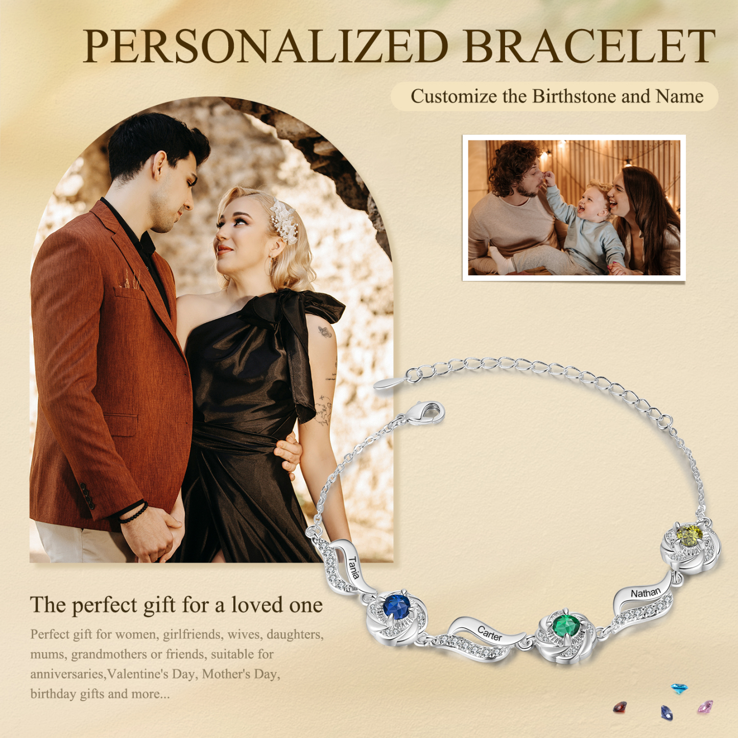 Personalised Birthstone Bracelet with Custom 3 Names & 3 Birthstones Christmas Gift for Her | Jessemade