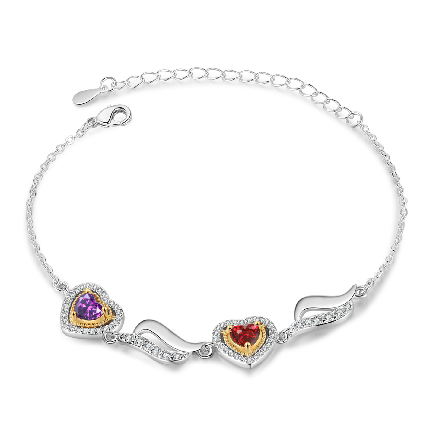 Personalised Heart Birthstone Bracelet with Custom 2 Names & 2 Birthstones Christmas Gift for Her | Jessemade