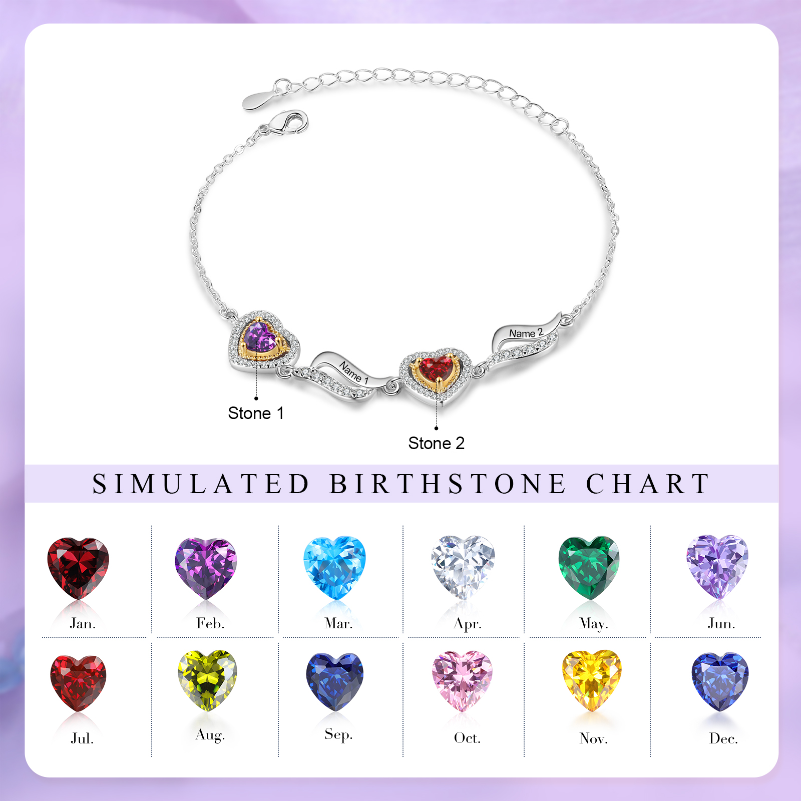 Personalised Heart Birthstone Bracelet with Custom 2 Names & 2 Birthstones Christmas Gift for Her | Jessemade