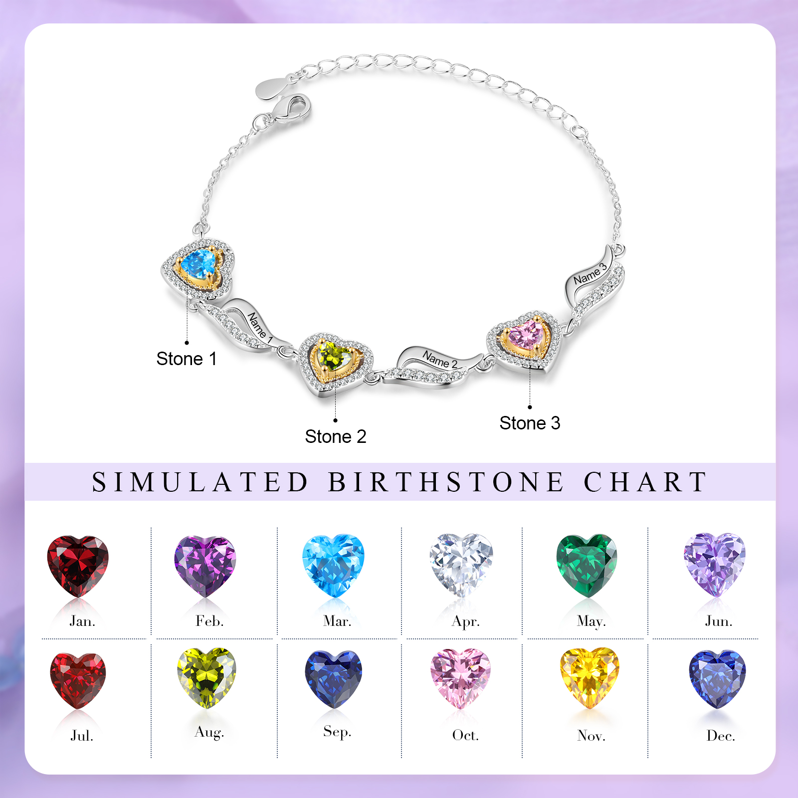 Personalised Heart Birthstone Bracelet with Custom 3 Names & 3 Birthstones Christmas Gift for Her | Jessemade