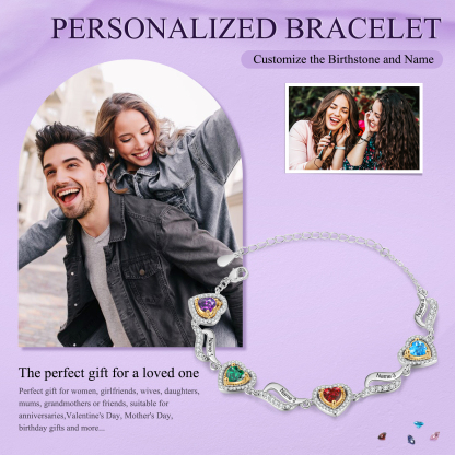 Personalised Heart Birthstone Bracelet with Custom 4 Names & 4 Birthstones Christmas Gift for Her | Jessemade