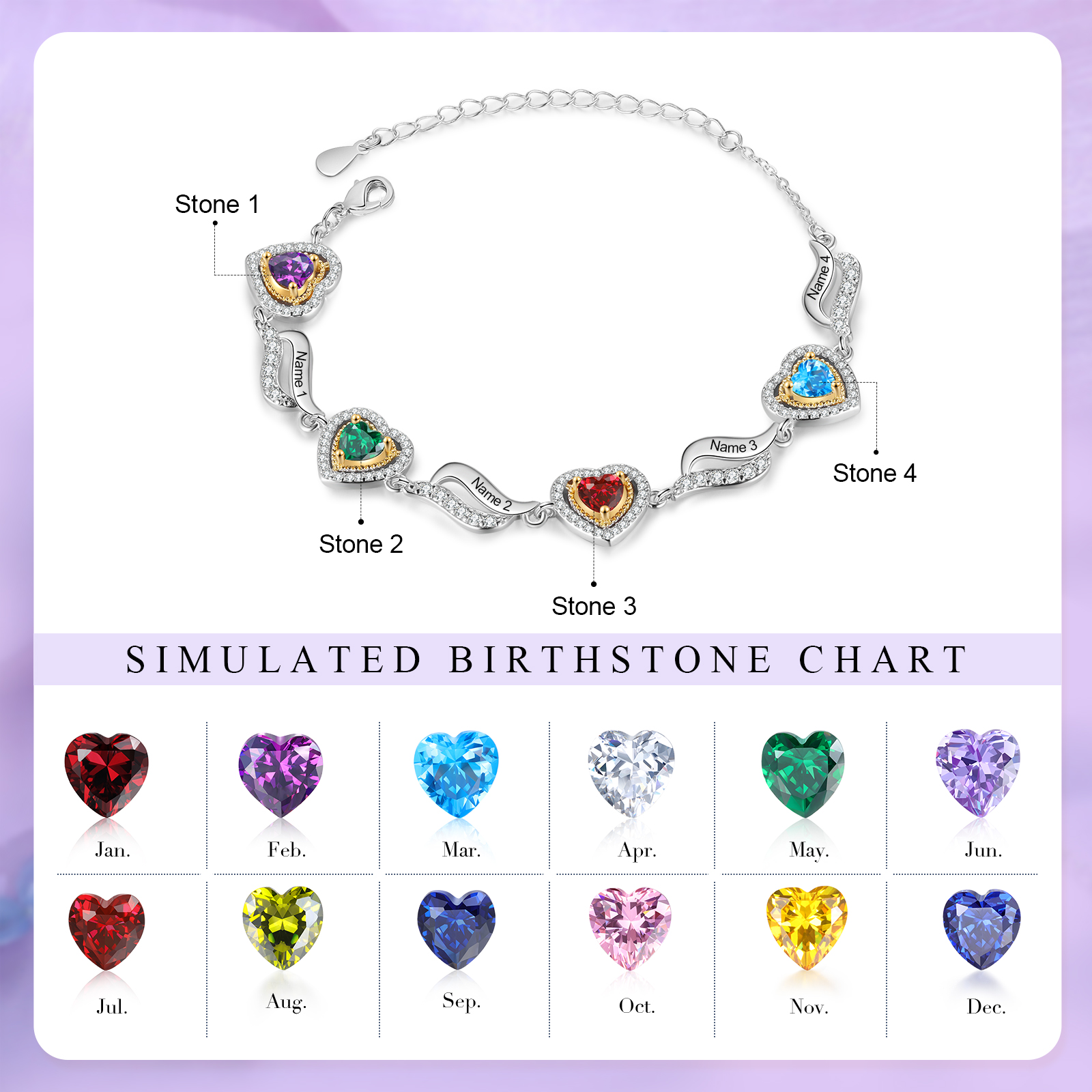 Personalised Heart Birthstone Bracelet with Custom 4 Names & 4 Birthstones Christmas Gift for Her | Jessemade