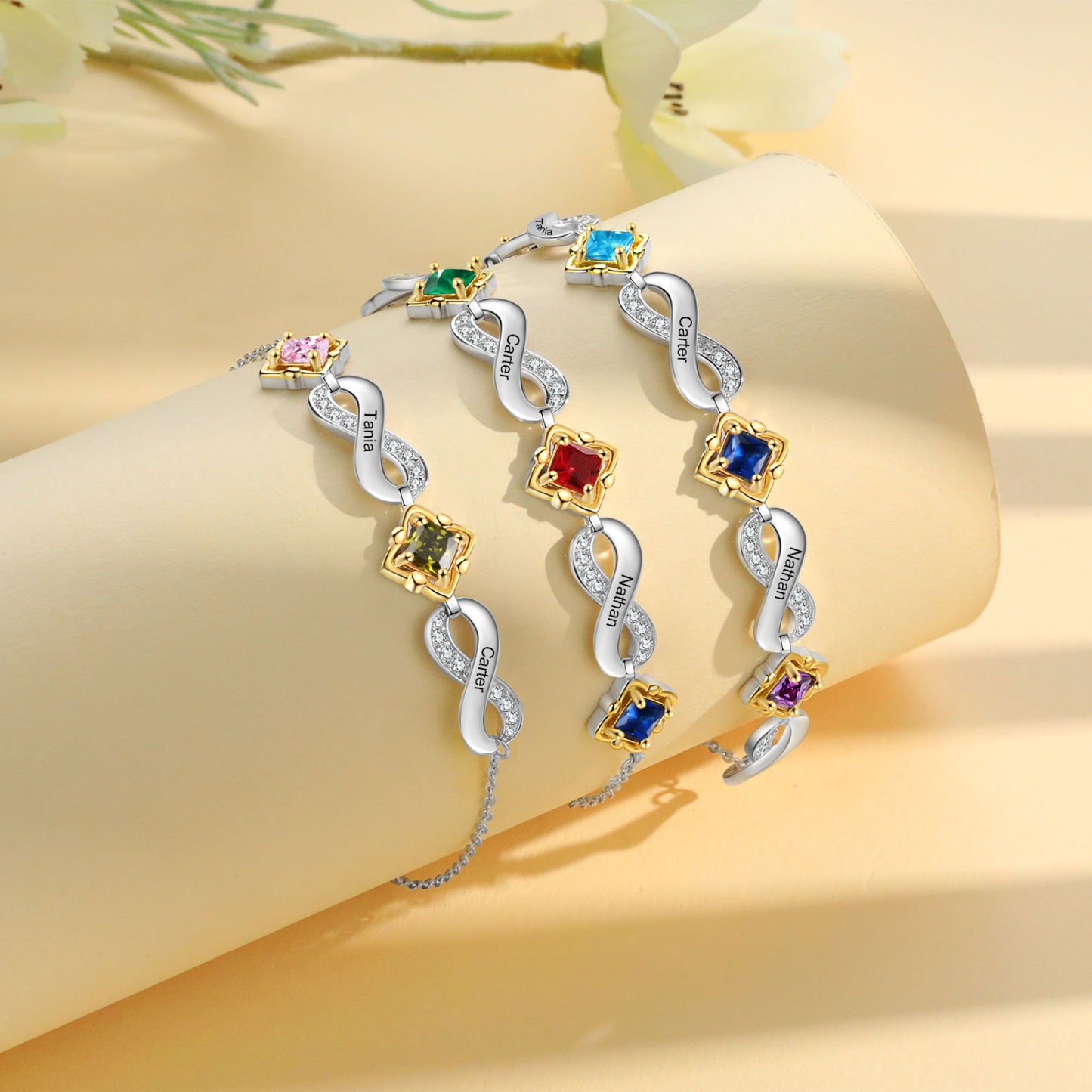 Personalised Birthstone Bracelet with Custom 3 Names & 3 Birthstones Christmas Jewelry Gift for Her | Jessemade