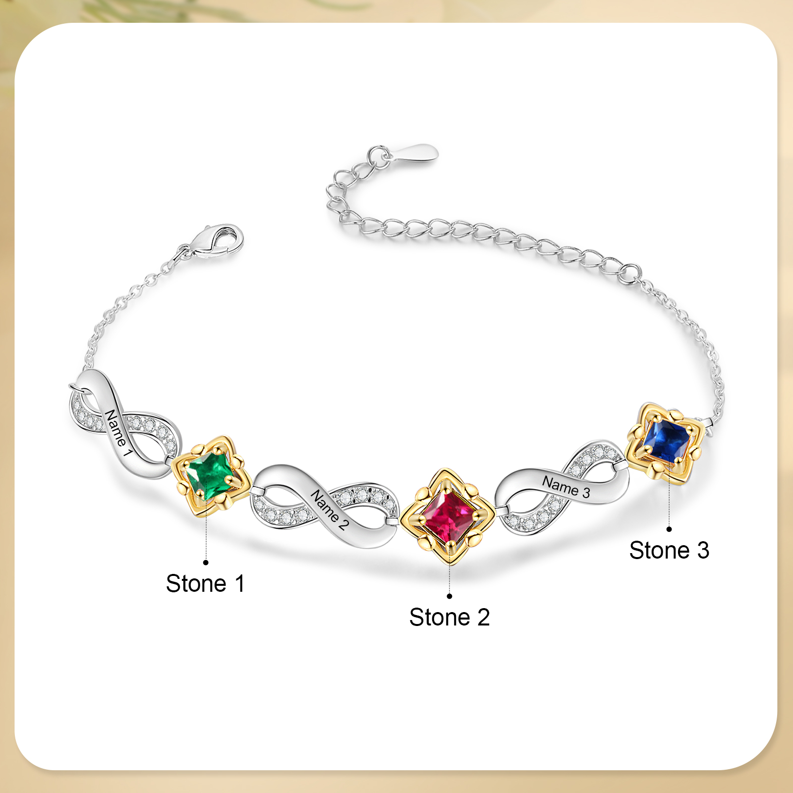 Personalised Birthstone Bracelet with Custom 3 Names & 3 Birthstones Christmas Jewelry Gift for Her | Jessemade