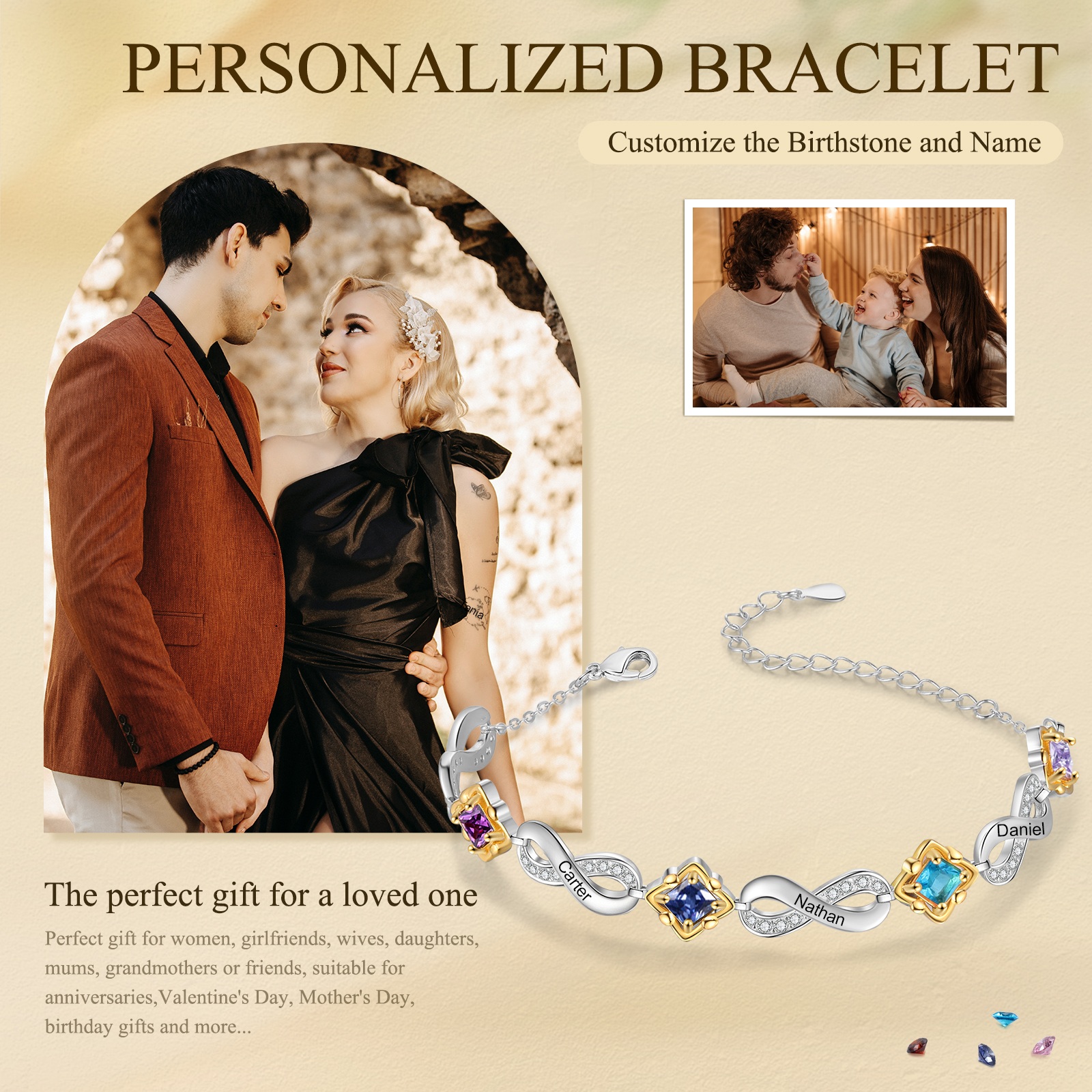 Personalized Birthstone Bracelet with Custom 4 Names & 4 Birthstones Christmas Jewelry Gift for Her | Jessemade