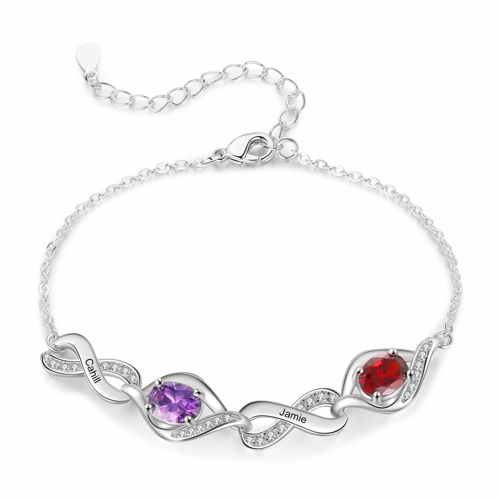 Personalised Birthstone Bracelet with Custom 2 Names & 2 Birthstones, Rhodium-Plated Jewelry Gift for Her | Jessemade
