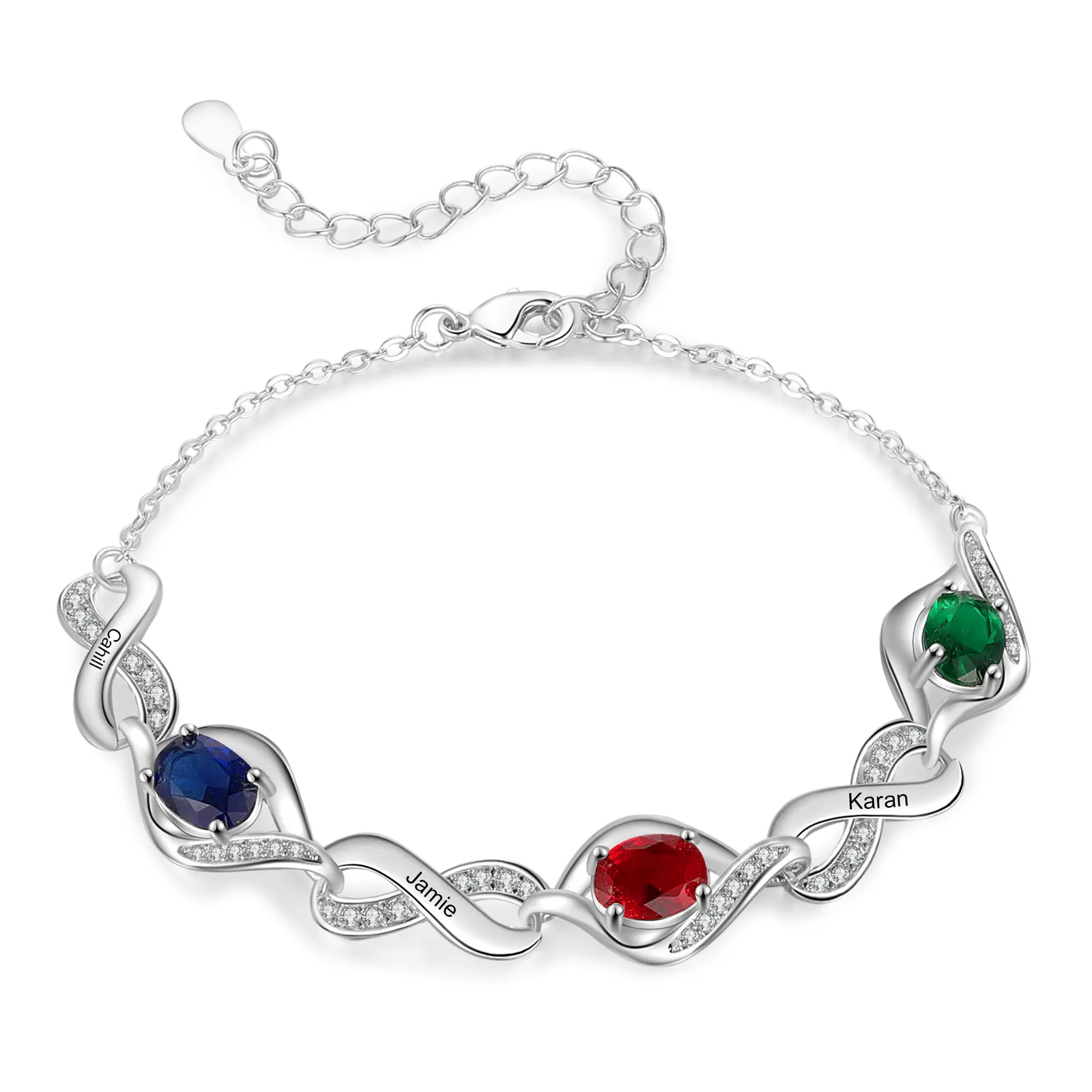 Personalized Birthstone Bracelet with Custom 2-4 Names & Birthstones, Rhodium-Plated Jewelry Gift for Her | Jessemade