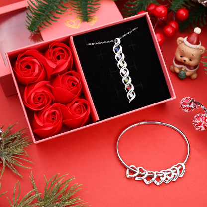 7 Names-Personalized Birthstones Bracelet & Necklace Set With Rose Gif