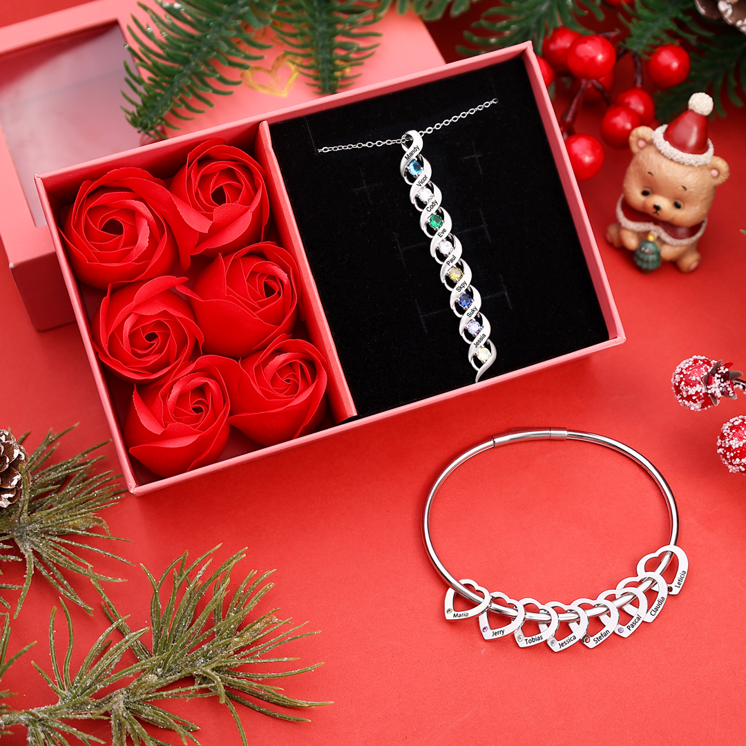 8 Names-Personalized Birthstones Bracelet & Necklace Set With Rose Gift Box-Custom Cascading Pendant Bracelet & Necklace Engraving 8 Names Gifts for Women
