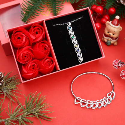 8 Names-Personalized Birthstones Bracelet & Necklace Set With Rose Gif