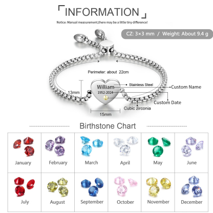 Personalized Heart Birthstone Bracelet – Custom Name & DateMemorial Gift For Women