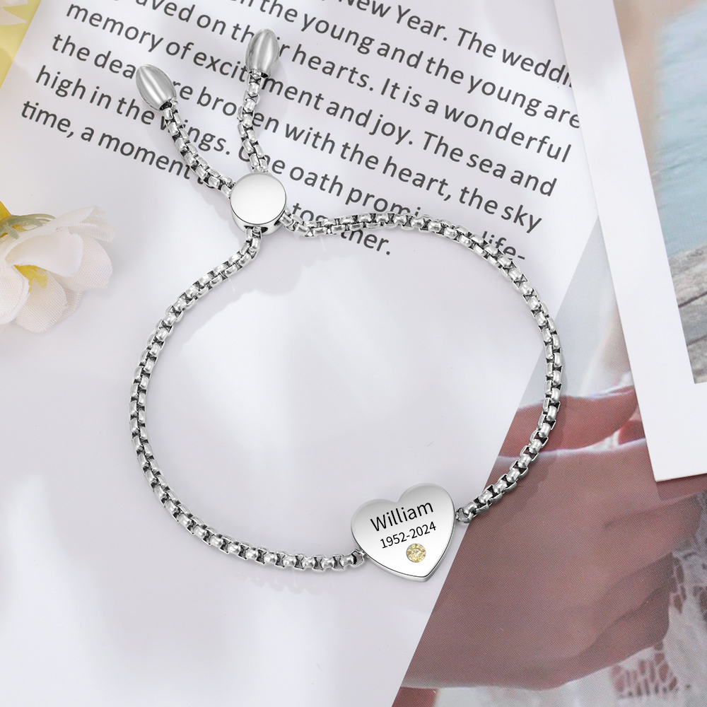 Personalized Heart Birthstone Bracelet – Custom Name & DateMemorial Gift For Women
