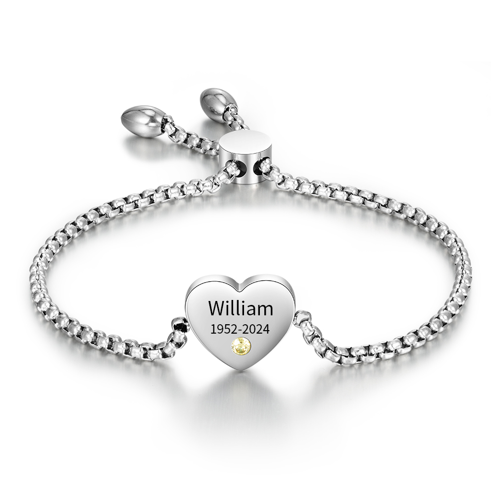 Personalized Heart Birthstone Bracelet – Custom Name & DateMemorial Gift For Women