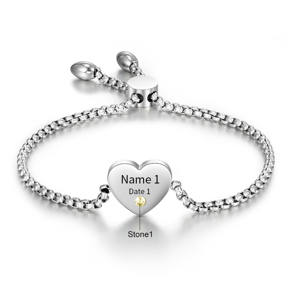 Personalized Heart Birthstone Bracelet – Custom Name & DateMemorial Gift For Women