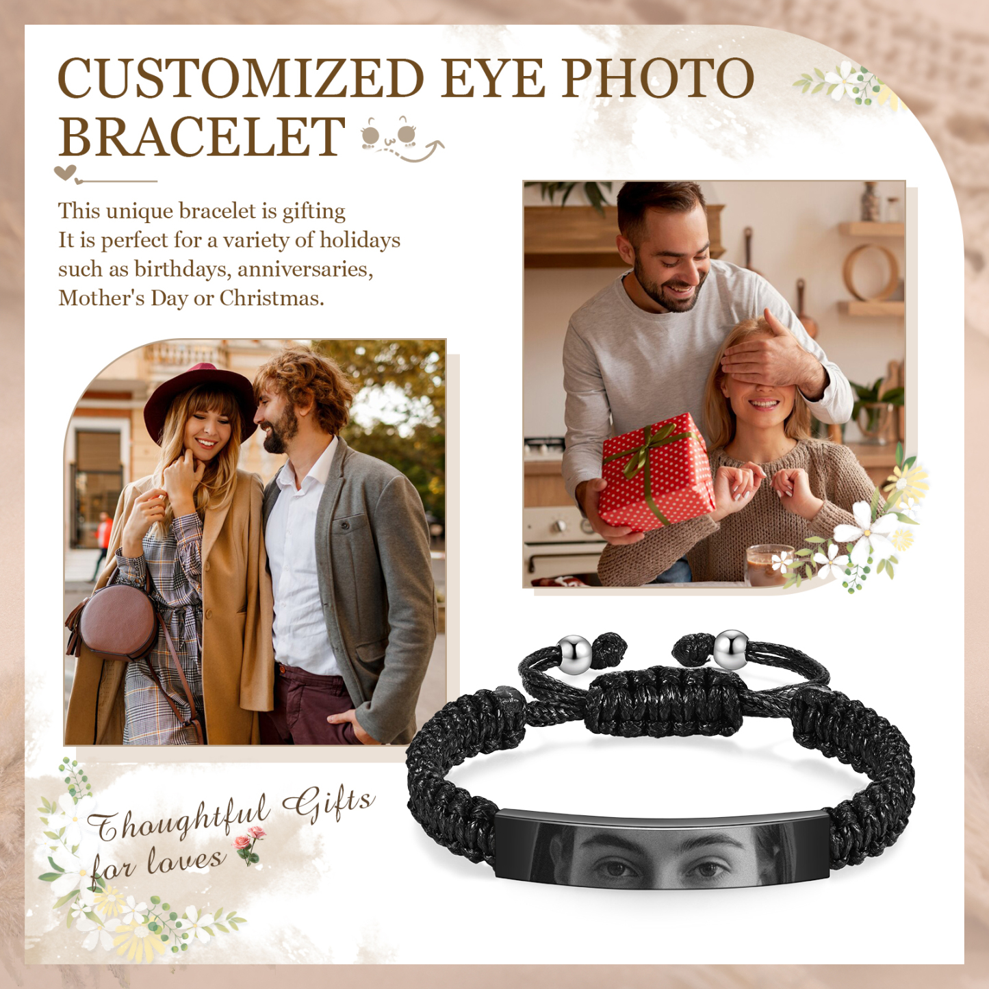 Personalised Eye Photo Bracelet - Custom Photo in Silver & Gold & Black | Christams Gift for Wife/Sister/ Daughter | Jessemade