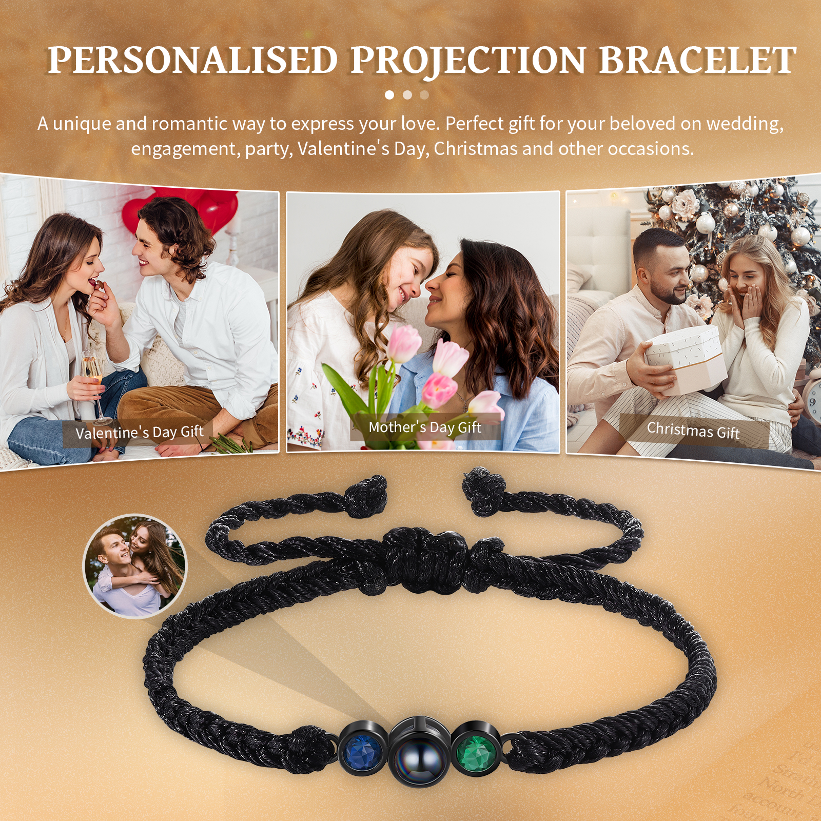 Personalised Photo Projection Bracelet Adjustable Braided Rope Bracelet 2 Birthstones A Heartfelt Gift for Her/Him | Jessemade