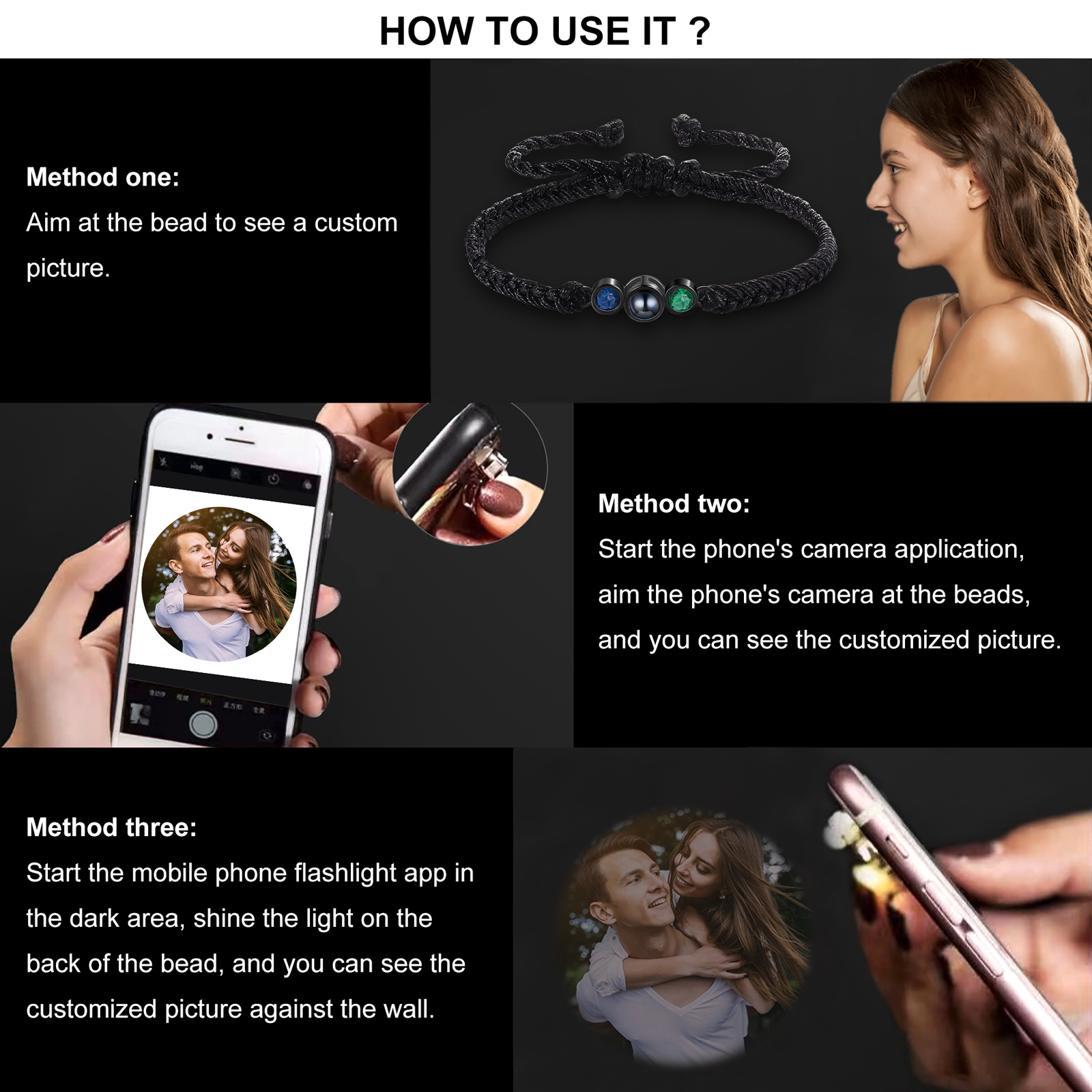 Personalised Photo Projection Bracelet Adjustable Braided Rope Bracelet 2 Birthstones A Heartfelt Gift for Her/Him | Jessemade