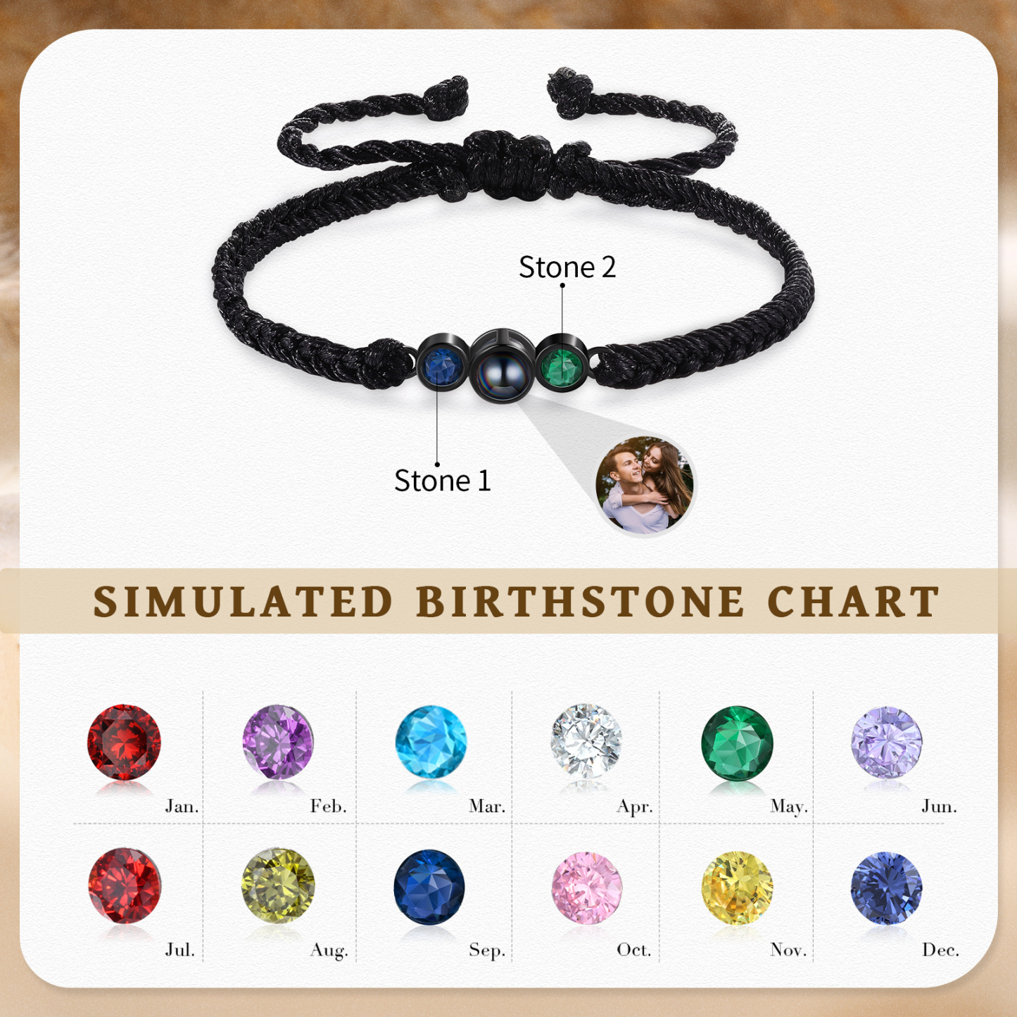Personalised Photo Projection Bracelet Adjustable Braided Rope Bracelet 2 Birthstones A Heartfelt Gift for Her/Him | Jessemade