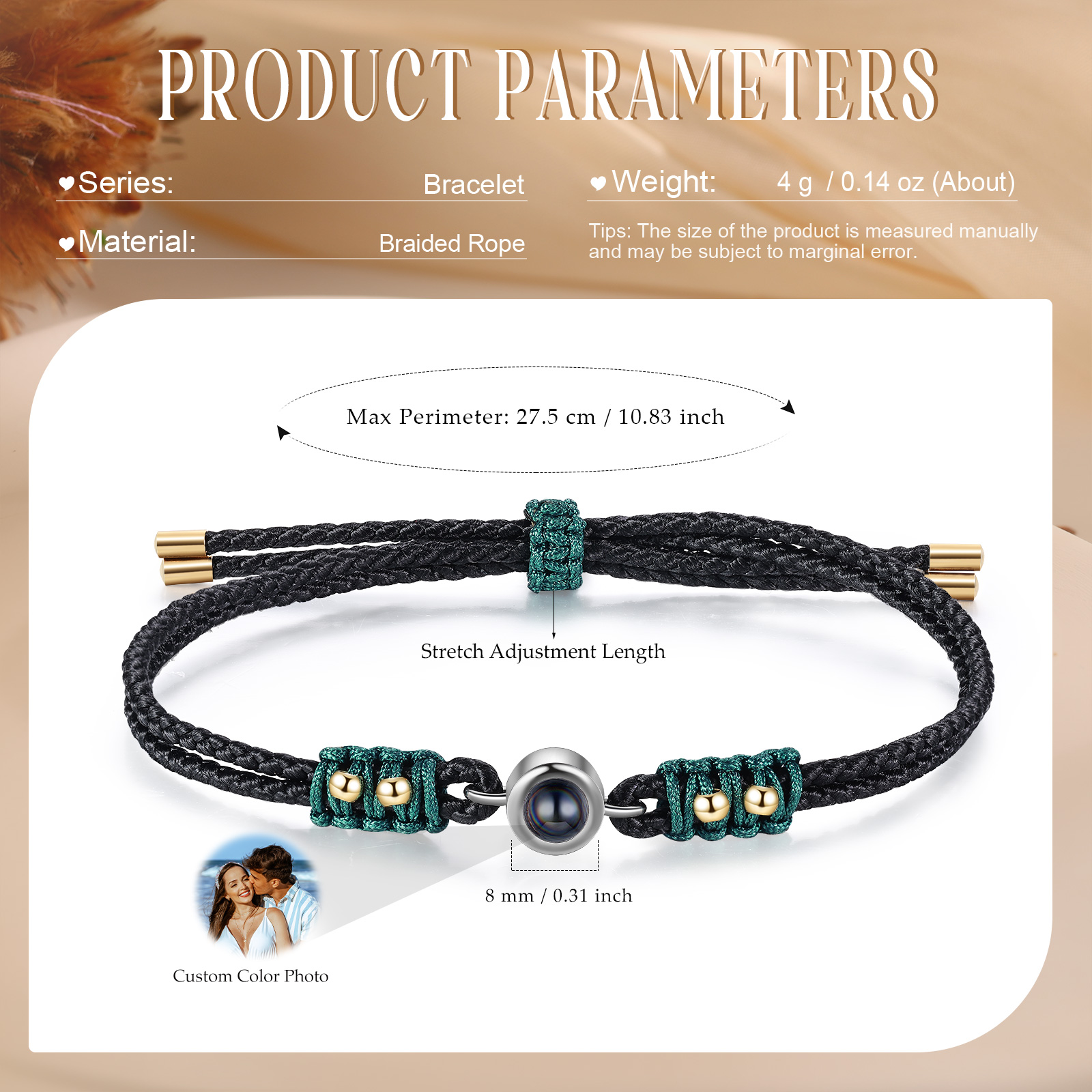 Personalised Couple Photo Projection Adjustable Bracelet Braided Rope Bracelet A Heartfelt Gift for Her/Him | Jessemade