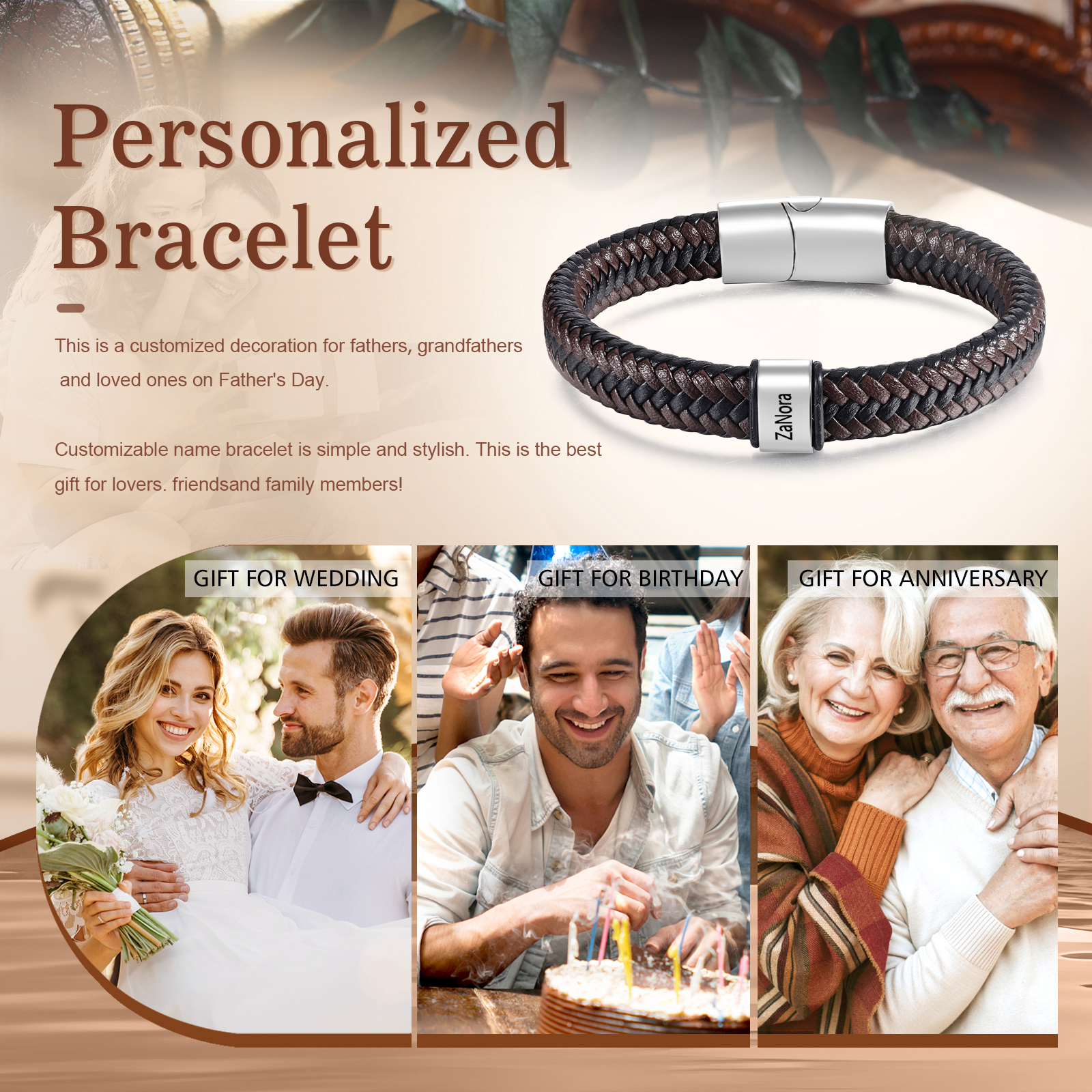 Personalised Men's Leather Bracelet with 1 Name with 1 Bead Bracelet Christmas Gift for Dad/Grandad | Jessemade