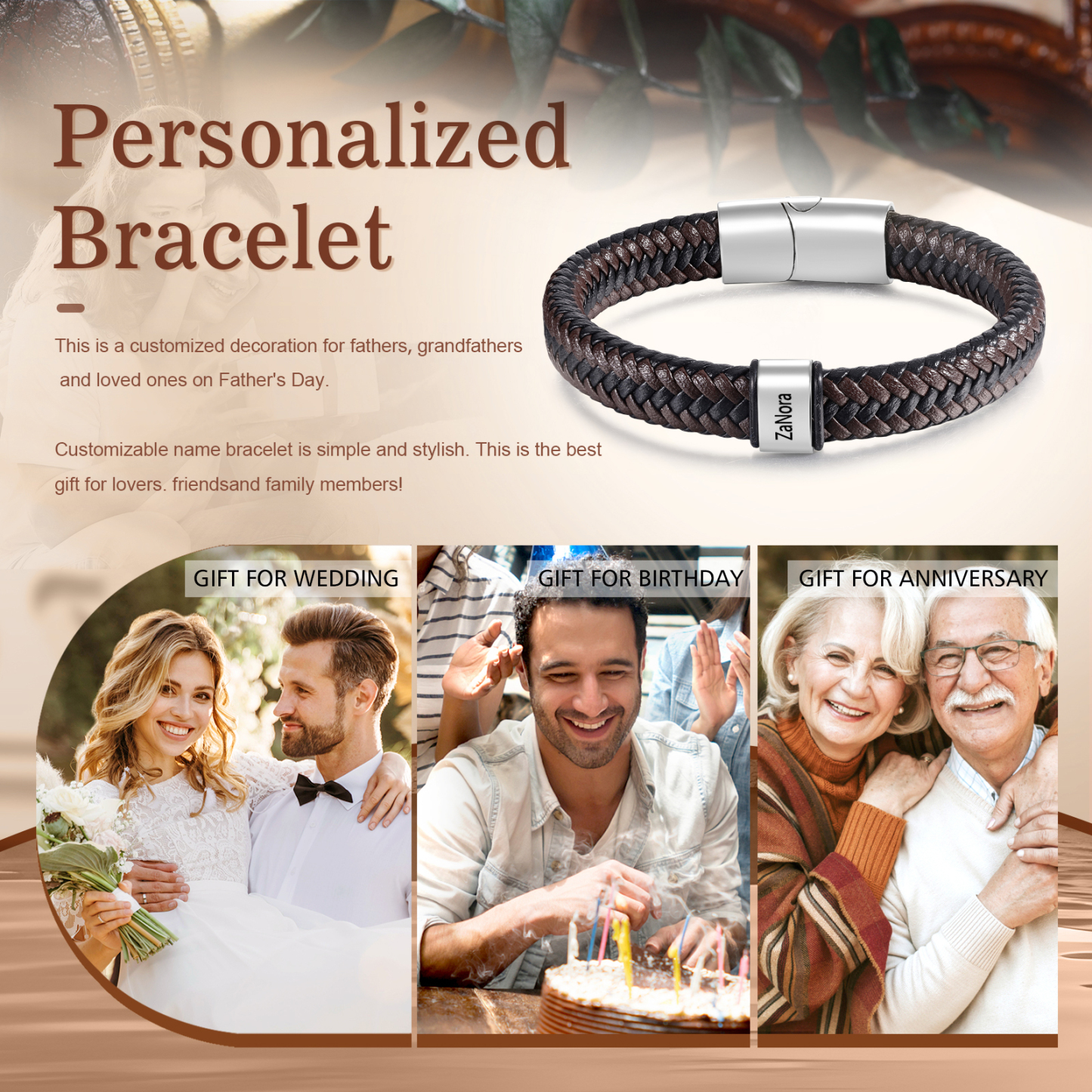 Personalised Men's Leather Bracelet with 1 Name with 1 Bead Bracelet Christmas Gift for Dad/Grandad | Jessemade